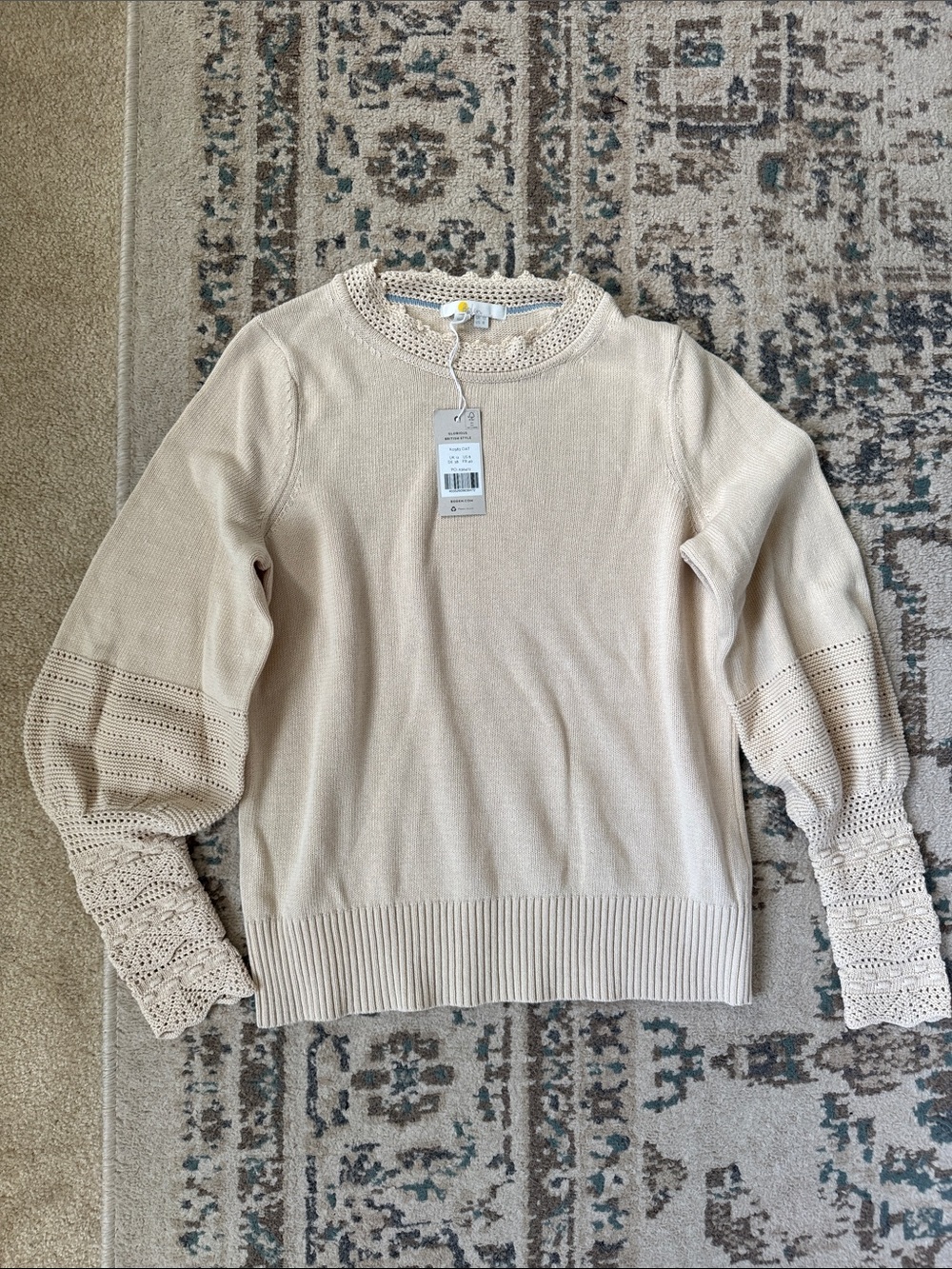 Boden Cream Crochet-Trim Balloon-Sleeve Sweater